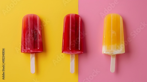 Ice popsicle ice cream on pink red and yellow background