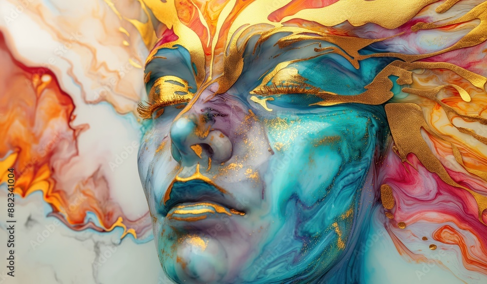 Fototapeta premium Beautiful abstract female face with a colorful wing, in the fantasy style, with gold and marble colors, on an alcohol ink background, a detailed illustration, dreamy, ethereal. 