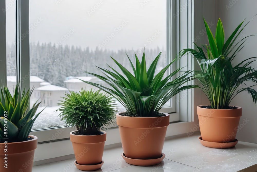 A fragment of the interior with potted indoor plants. Landscaping of the house. The concept of indoor plants and urban jungle. A fragment of the interior with potted indoor plants. Landscaping of the house. The concept of indoor plants and urban jungle.