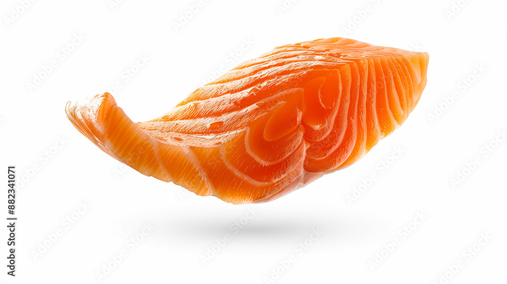 A piece of salmon is shown in the air, with its skin and bones visible A piece of salmon is shown in the air, with its skin and bones visible