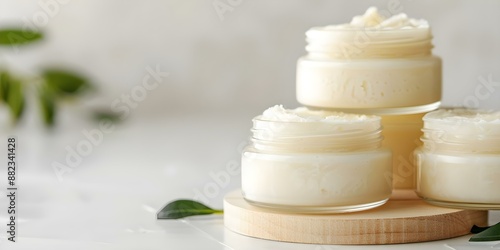 Shea butter jars stacked on wooden lids against neutral backdrop Creamy texture. Concept Product Photography, Shea Butter, Neutral Background, Creamy Texture, Wooden Lids