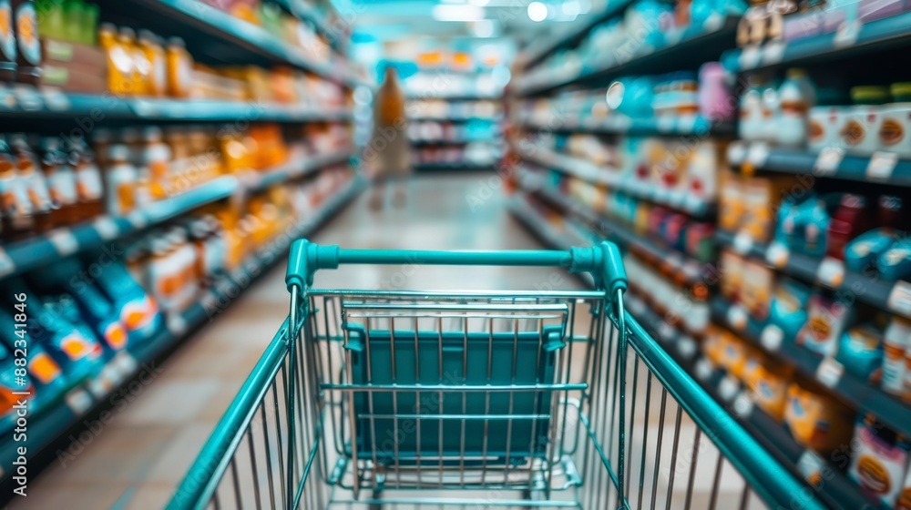 Empty shopping cart in supermarket aisle Empty shopping cart in supermarket aisle