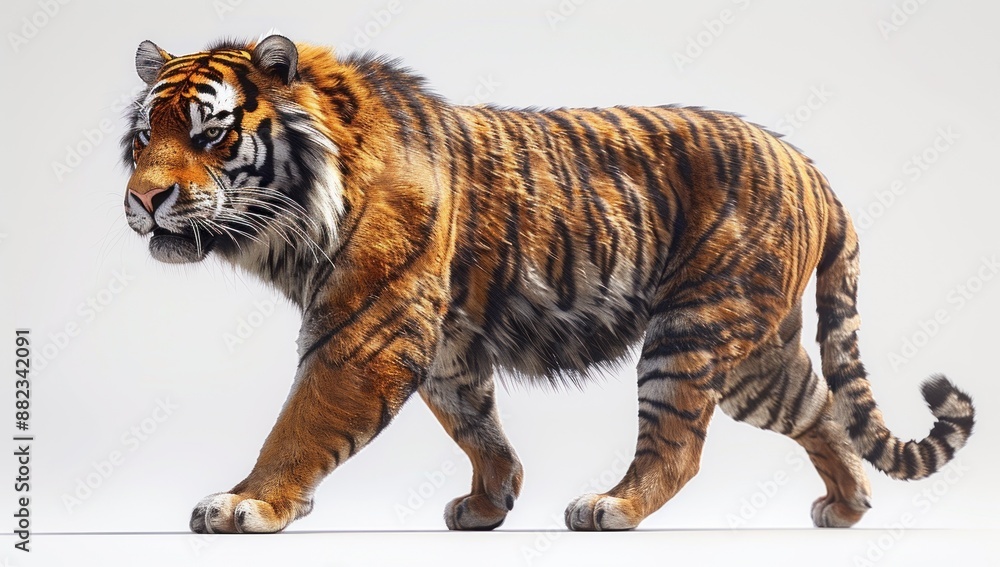 Obraz premium Striped Tiger Walking on a White Background