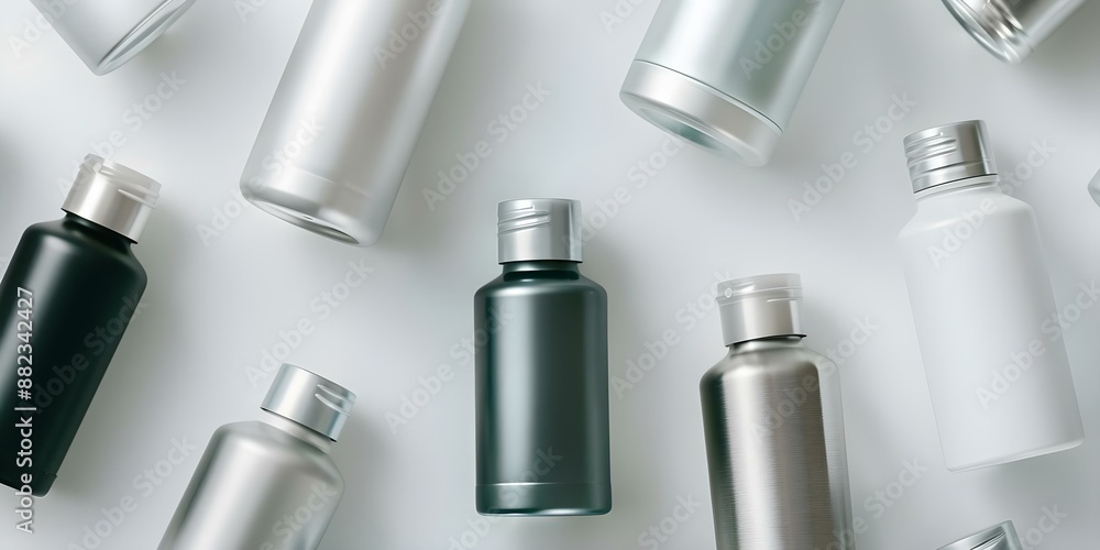 Topdown view of various aluminum deodorant spray bottles on clean background. Concept Product Photography, Deodorant Bottles, Aluminum Packaging, Topdown View, Clean Background Topdown view of various aluminum deodorant spray bottles on clean background. Concept Product Photography, Deodorant Bottles, Aluminum Packaging, Topdown View, Clean Background
