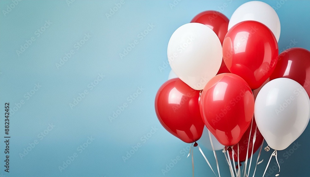 Red and white balloons against a blue background with room for text; banner greeting Red and white balloons against a blue background with room for text; banner greeting
