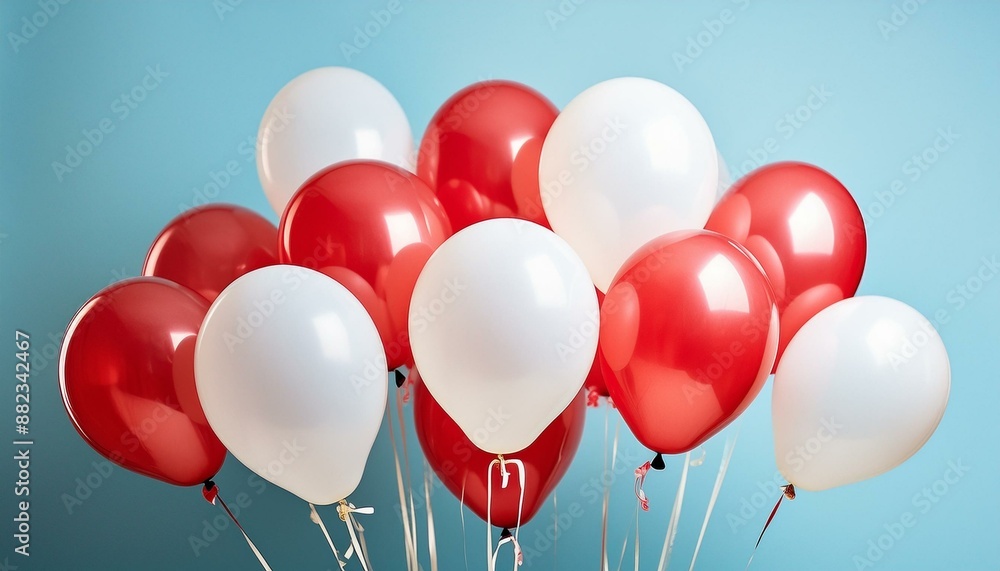 Bunch of red and white balloons centered against a blue background; banner greeting Bunch of red and white balloons centered against a blue background; banner greeting