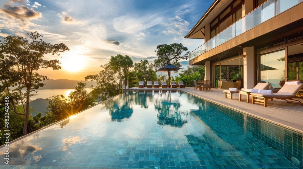 Fototapeta premium big pool and luxury villa in the afternoon 