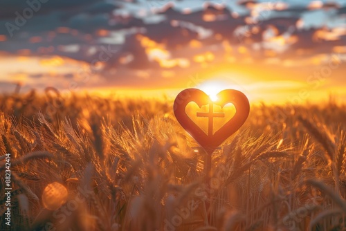 A heart with a cross in the center in the middle of a wheat field at sunset photo