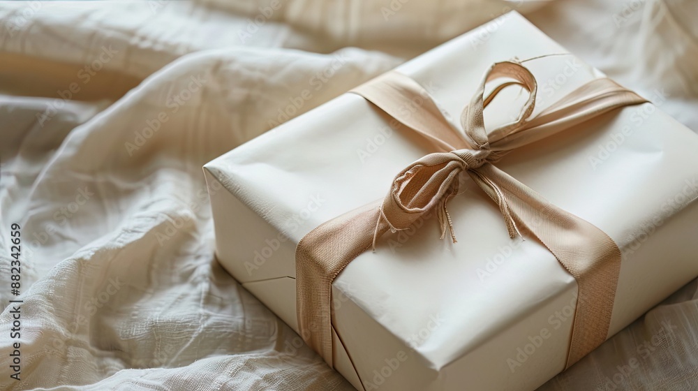 Elegant wrapped gift with beige ribbon on soft fabric background, perfect for celebrations and special occasions. Elegant wrapped gift with beige ribbon on soft fabric background, perfect for celebrations and special occasions.