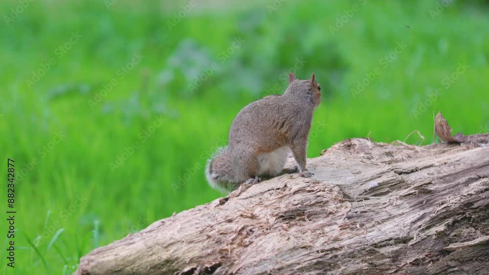 Cute squirrel standing and resting on a branch on meadow, summer. close up Cute squirrel standing and resting on a branch on meadow, summer. close up