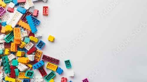 colorful toy building bricks on white background, with copy space