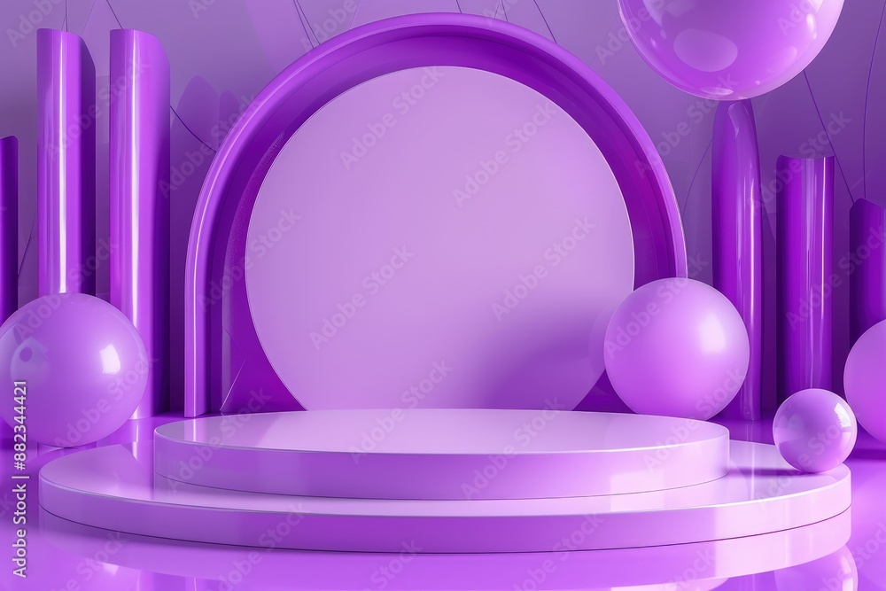 Striking 3D Render: Bright Purple Pastel Podium on Purple Abstract Geometric Background