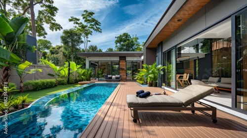 Wallpaper Mural Exterior design of spacious modern luxury pool villa. Feature wooden decking, sunbed, big swimming pool and greenery garden home, house , building , hotel, resort  Torontodigital.ca