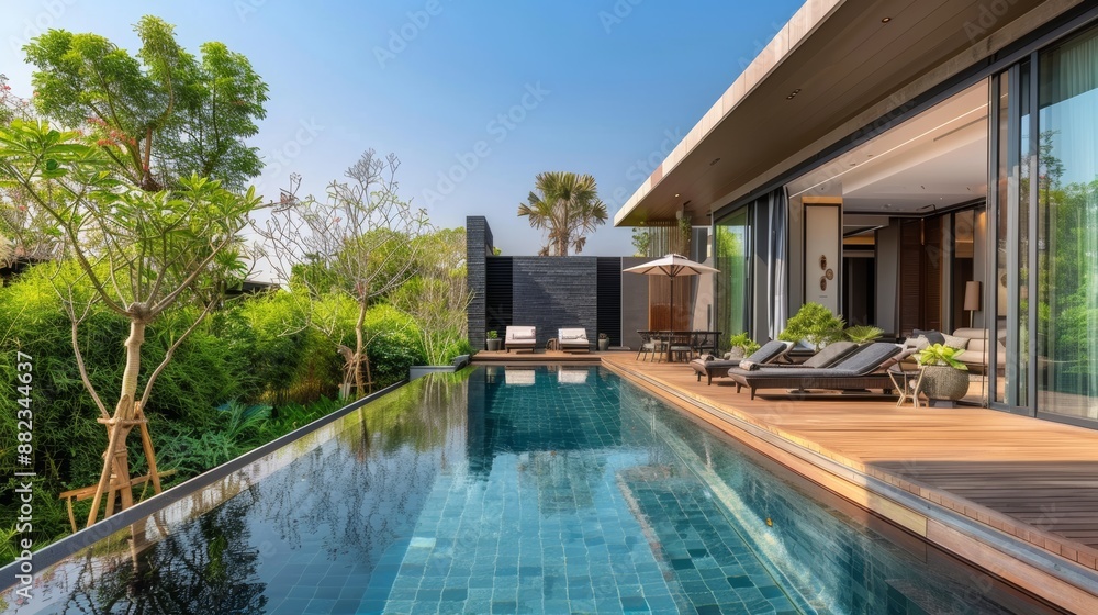 Fototapeta premium Exterior design of spacious modern luxury pool villa. Feature wooden decking, sunbed, big swimming pool and greenery garden home, house , building , hotel, resort 