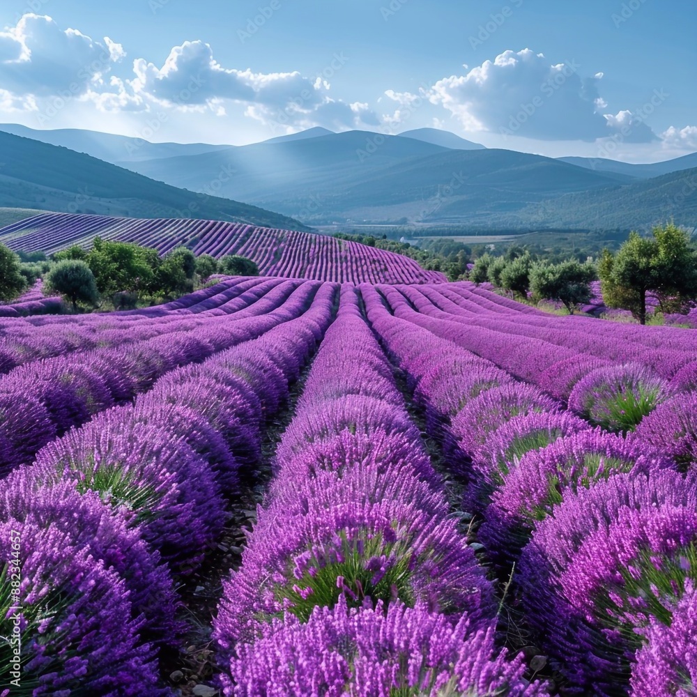 Fototapeta premium Lavender fields on the background of mountain landscape