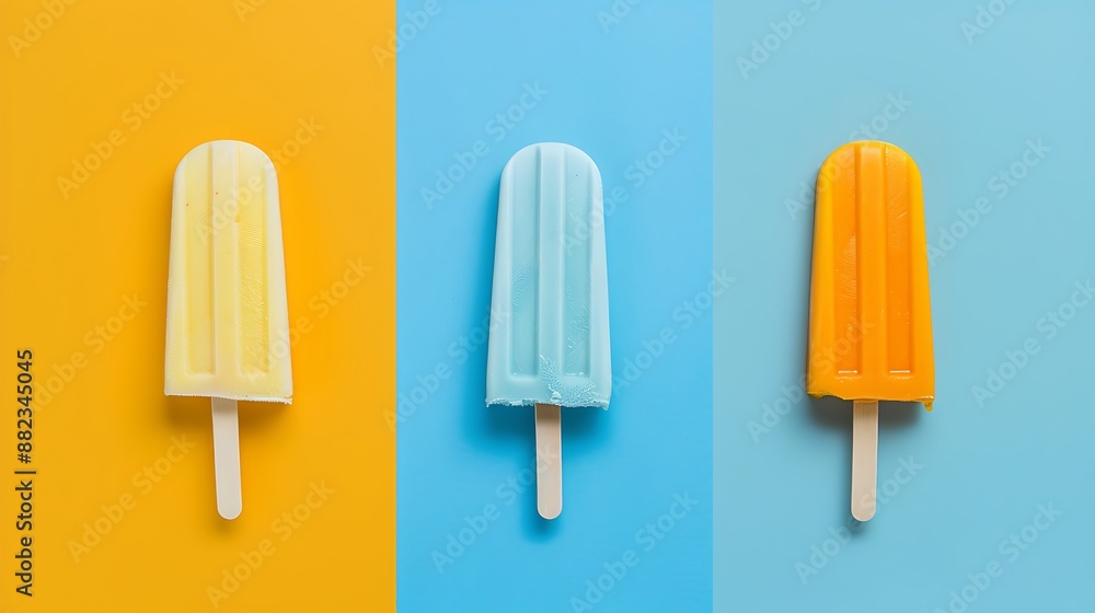 Ice popsicle ice cream on yellow and blue background Ice popsicle ice cream on yellow and blue background