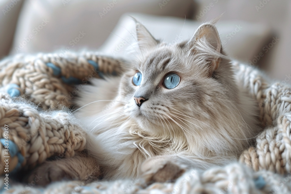 Obraz premium Fluffy cat with blue eyes snuggled in a cozy knitted blanket, looking off into the distance