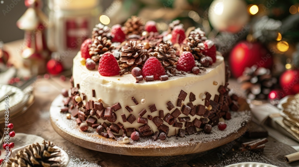 Festive Christmas cake with raspberries, chocolate shavings, and pine cones, surrounded by holiday decorations on a rustic table. Festive Christmas cake with raspberries, chocolate shavings, and pine cones, surrounded by holiday decorations on a rustic table.