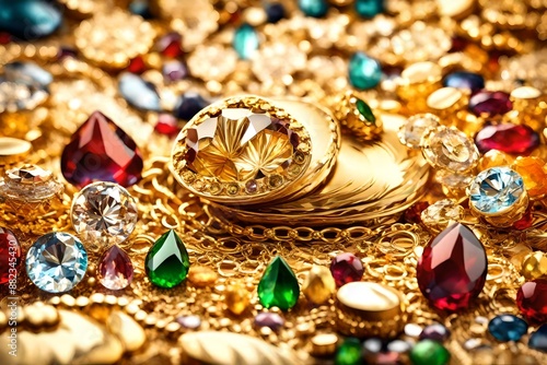 Precious treasure background. Gems and Gold.