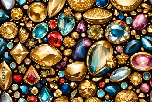 Precious treasure background. Gems and Gold.