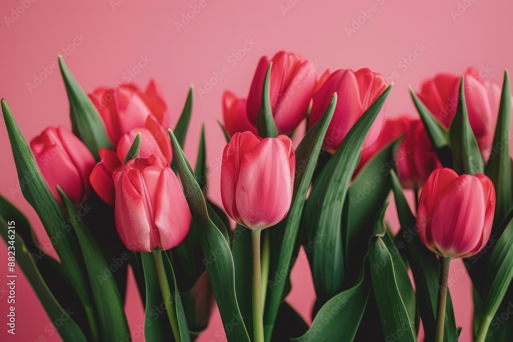 Bright Floral Scene: Charming Tulips on Pink Background Bright Floral Scene: Charming Tulips on Pink Background