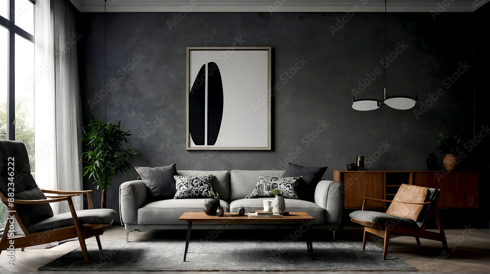 Retro style in beautiful living room interior with grey empty wall Retro style in beautiful living room interior with grey empty wall