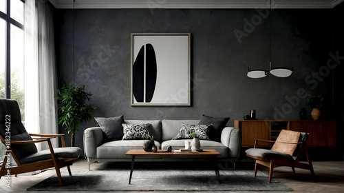 Retro style in beautiful living room interior with grey empty wall