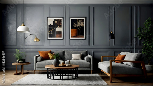 Wallpaper Mural Retro style in beautiful living room interior with grey empty wall Torontodigital.ca