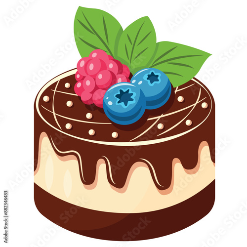 Airy creamy souffle with chocolate glaze and berries. Vector illustration isolated on white background