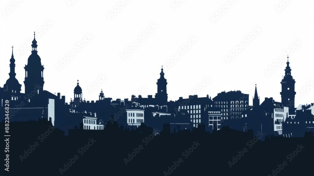 Skyline of Lyon, France: Artistic silhouette of historical architecture and cityscape against white background Skyline of Lyon, France: Artistic silhouette of historical architecture and cityscape against white background