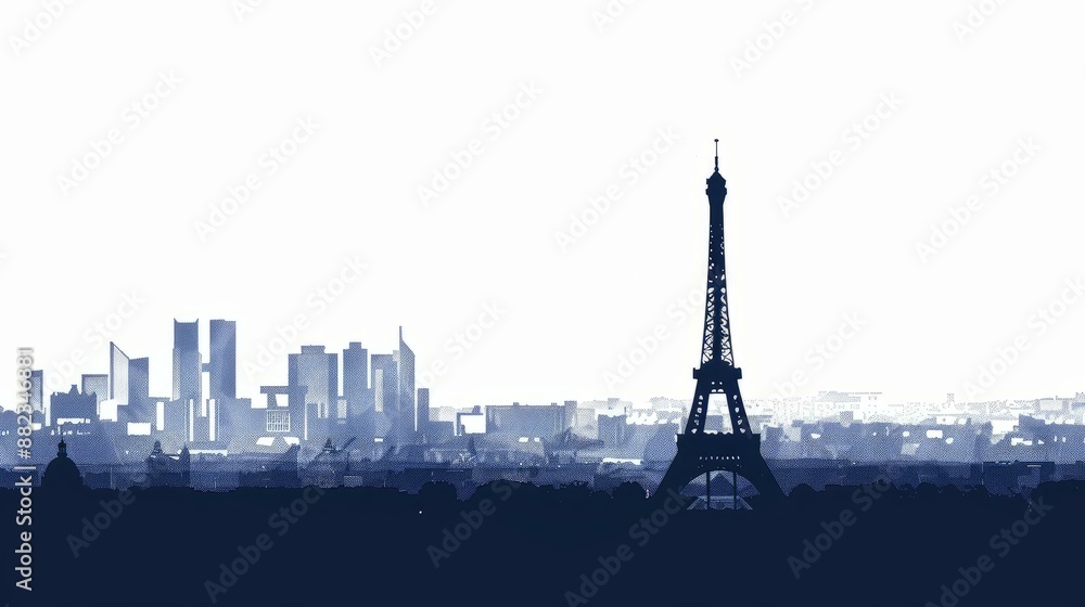 Obraz premium Elegant Paris skyline featuring the Eiffel Tower and modern architecture, artistic interpretation in shades of blue