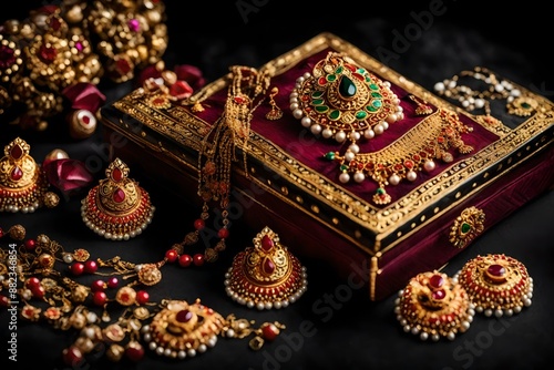 Traditional Jewellery with earring, mangteeka and beautiful box on black background. selective focus.