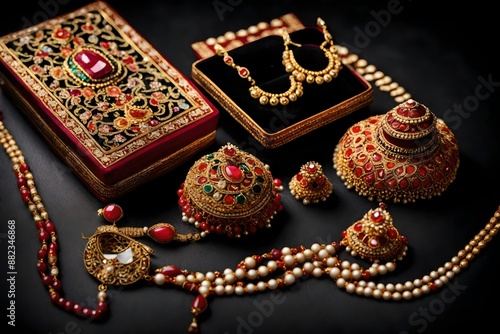 Traditional Jewellery with earring, mangteeka and beautiful box on black background. selective focus.