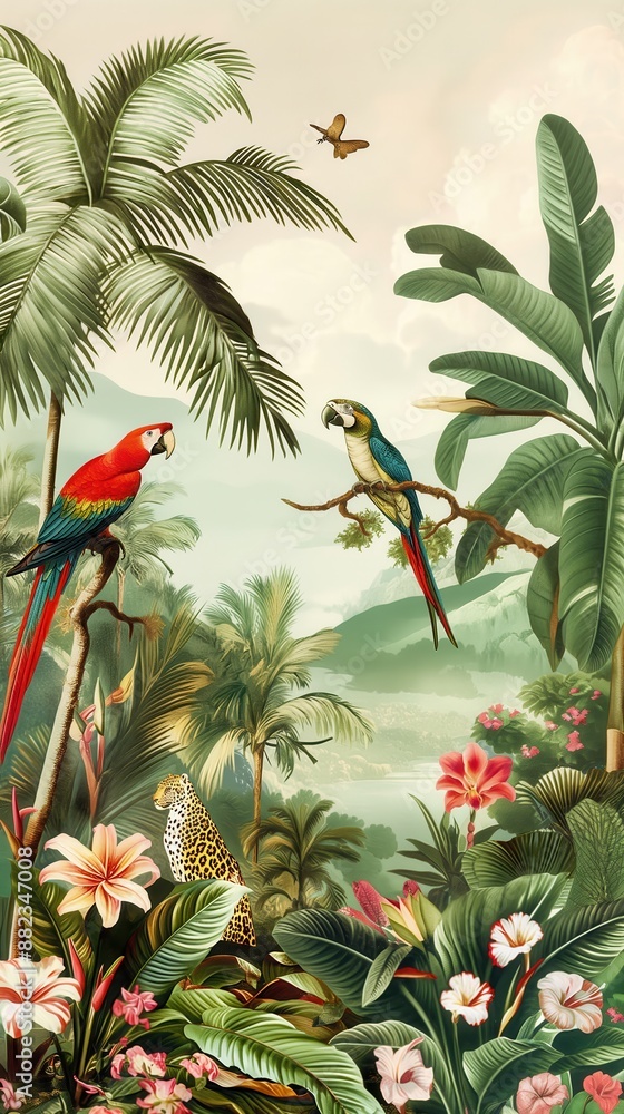 Obraz premium Enchanting rainforest scene featuring vibrant parrots, sleek jaguars, and towering palm trees in pastel hues. Exotic flowers accompany rolling hills in this dense jungle wallpaper.