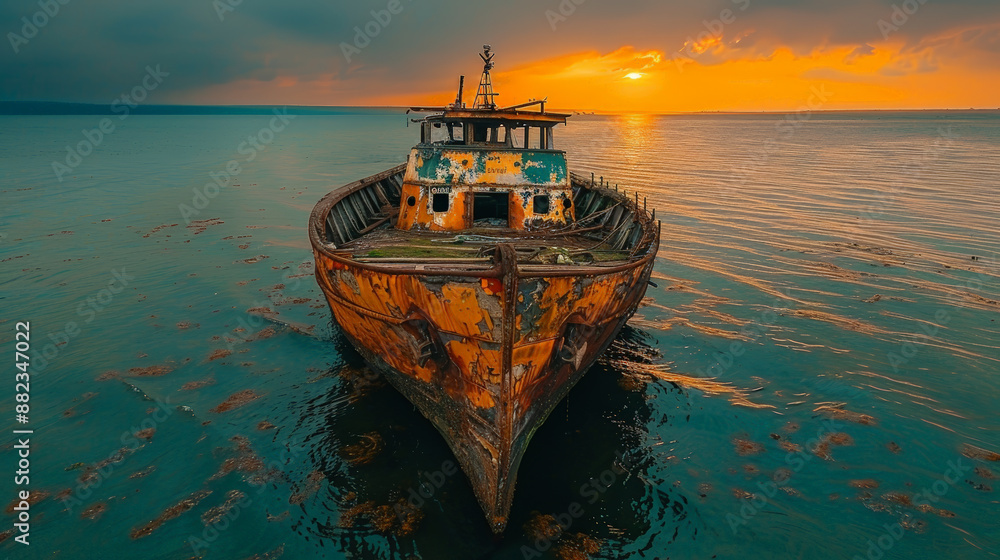 Obraz premium Decayed Wooden Boat at Dusk. Generative AI