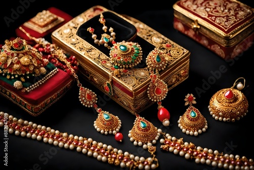 Traditional Jewellery with earring, mangteeka and beautiful box on black background. selective focus.