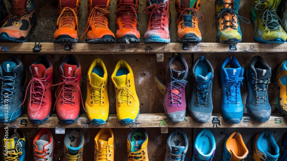 Vibrant Array of Colorful Climbing Shoes Displayed on Wooden Shelves for Outdoor Enthusiasts Vibrant Array of Colorful Climbing Shoes Displayed on Wooden Shelves for Outdoor Enthusiasts