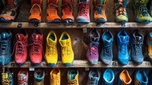 Vibrant Array of Colorful Climbing Shoes Displayed on Wooden Shelves for Outdoor Enthusiasts