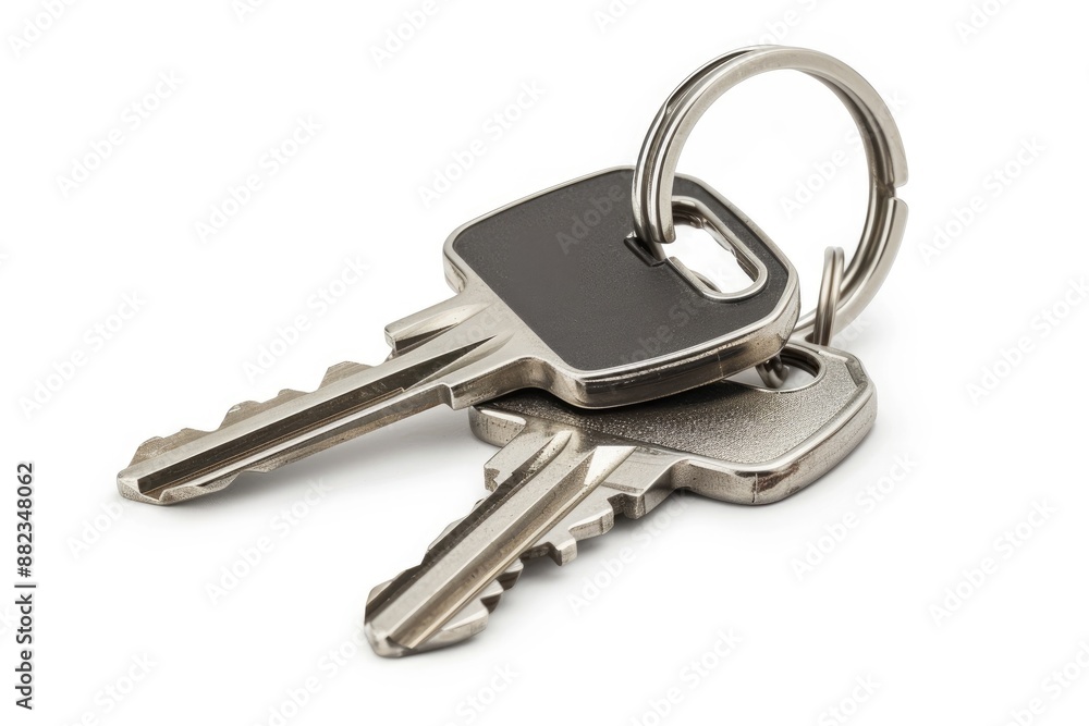 Stylish Macro Photography of Silver Keys with House Keychain on White Background Stylish Macro Photography of Silver Keys with House Keychain on White Background