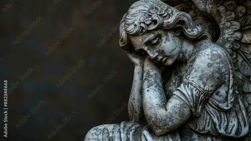 Sleeping angel stone statue in peaceful contemplation against dark background, symbolizing tranquility and eternal rest Sleeping angel stone statue in peaceful contemplation against dark background, symbolizing tranquility and eternal rest