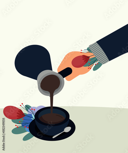 Flat Design Flowers Illustration with Coffee Cup, Spoon, and Hand