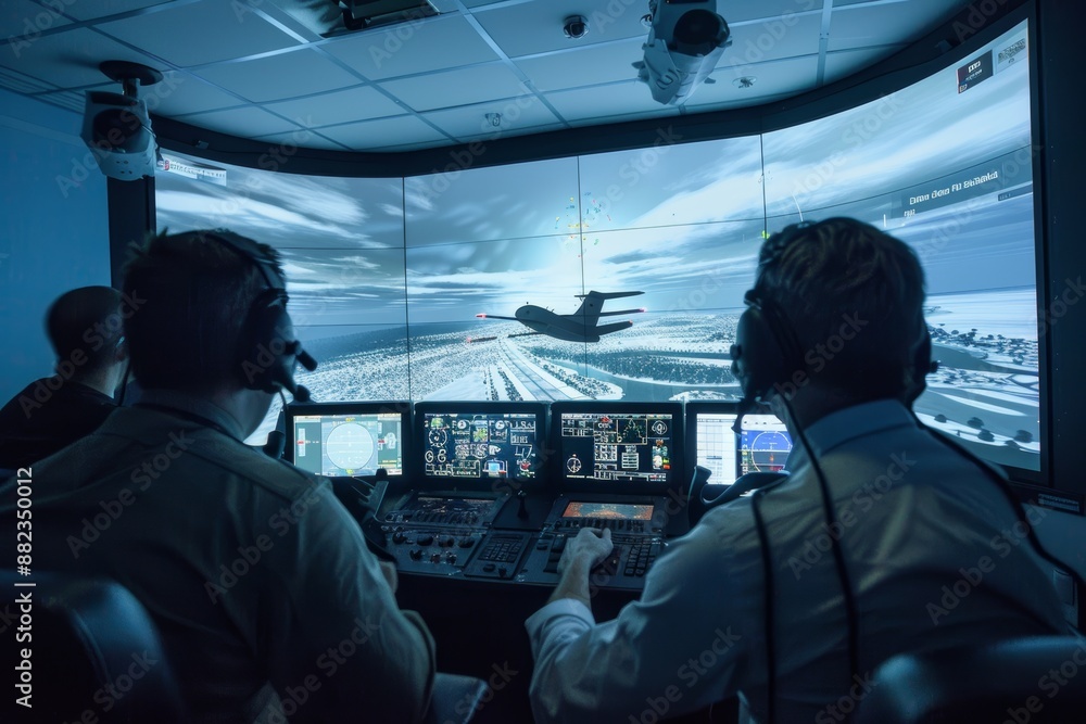 Engineers Conducting Simulated Flight Tests in Advanced Aircraft Simulator for Performance Analysis Engineers Conducting Simulated Flight Tests in Advanced Aircraft Simulator for Performance Analysis