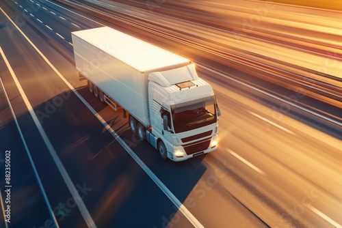 A white semi-truck with a trailer is driving on a highway at sunset, with a blurred background.