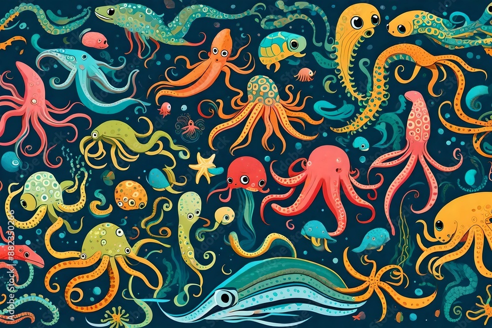 Fototapeta premium Cute color octopuses, sea animals with tentacles. Vector cartoon set of ocean invertebrates, marine animals, squid or kraken with suckers on hands0
