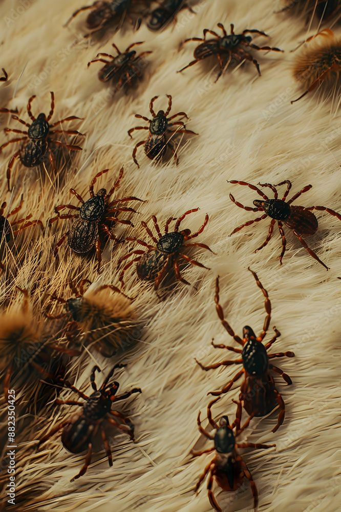 Fototapeta premium Group of ticks on dog's fur. Concept of danger, illness, parastitism and halthcare.