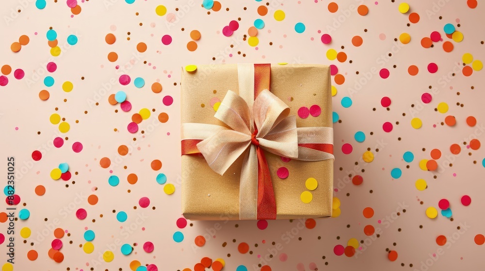 Gift box wrapped in craft paper with ribbon surrounded by colorful confetti on a light pink background, perfect for celebrations. Gift box wrapped in craft paper with ribbon surrounded by colorful confetti on a light pink background, perfect for celebrations.