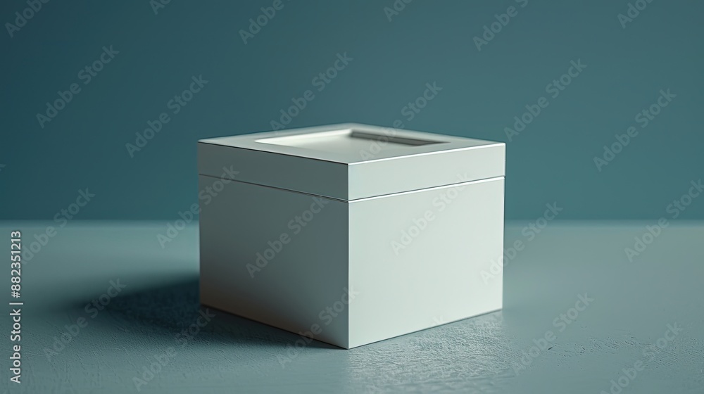 Minimalist white box on a muted blue background, showcasing clean lines and modern design in a simple yet elegant style. Minimalist white box on a muted blue background, showcasing clean lines and modern design in a simple yet elegant style.