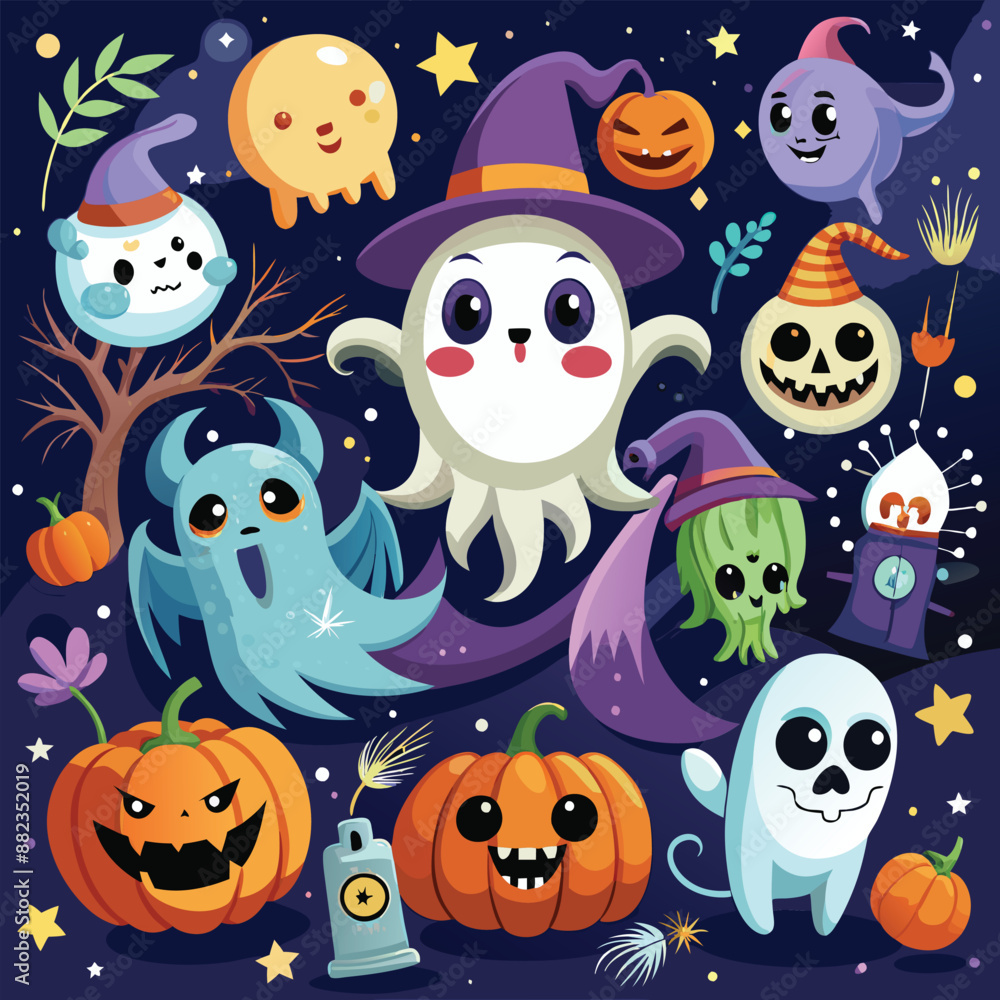 Friendly and scary ghosts floating with whimsical and eerie expressions. Friendly and scary ghosts floating with whimsical and eerie expressions.