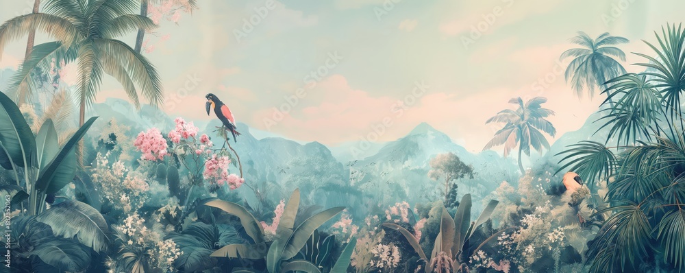 Obraz premium Timeless Jungle Dreamscape Exotic Wildlife Amidst Pastel Flora and Verdant Peaks