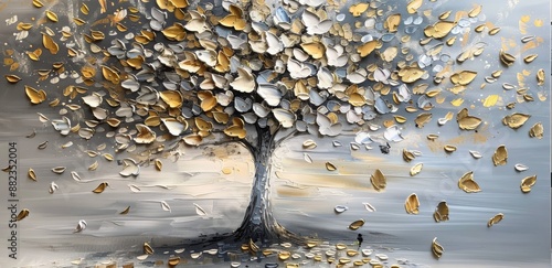 3d Oil painting of a silver and gold textured tree  photo